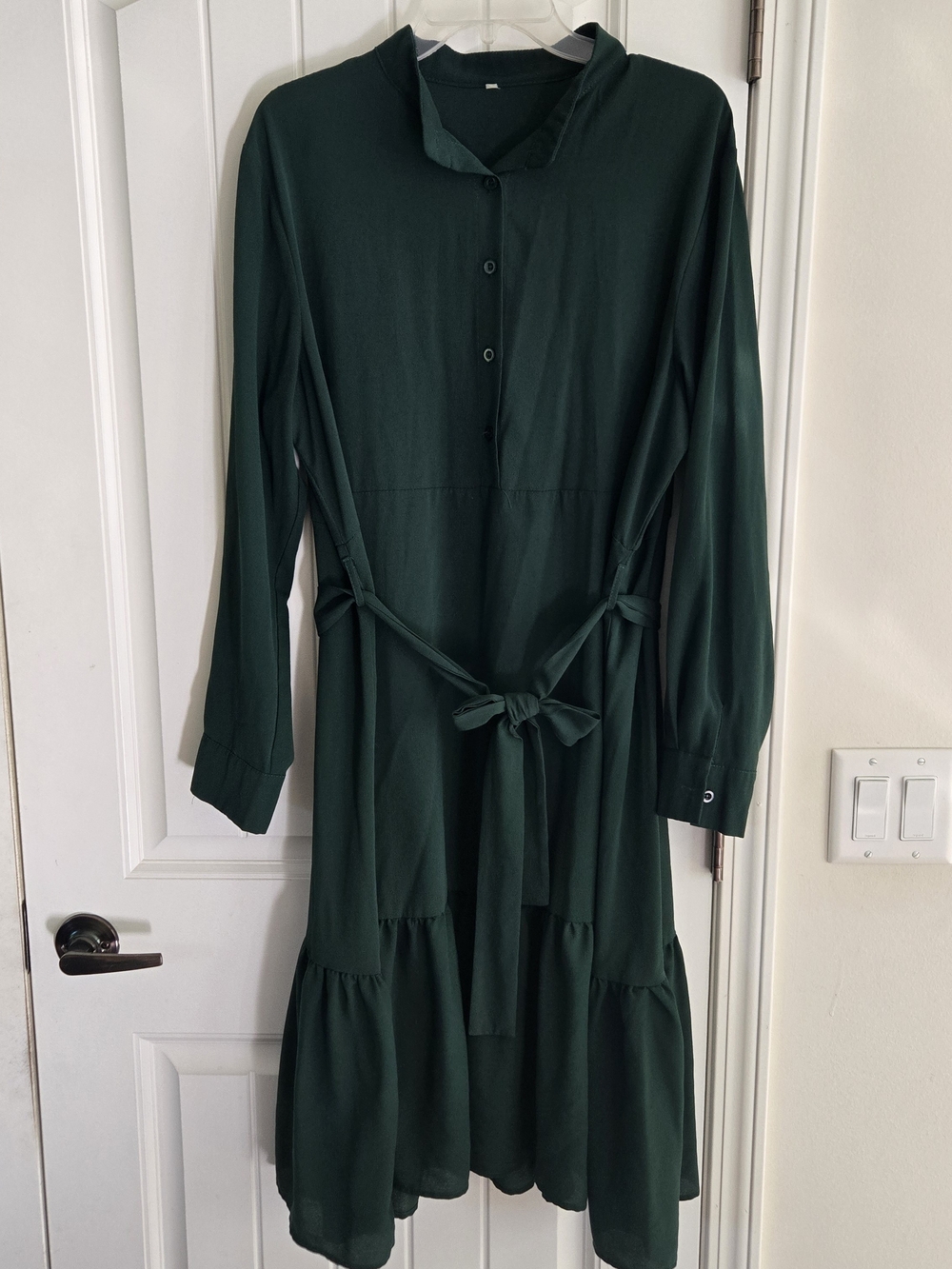 Emerald Green Tiered Shirt Dress Long Sleeve Midi Tie Waist 2x